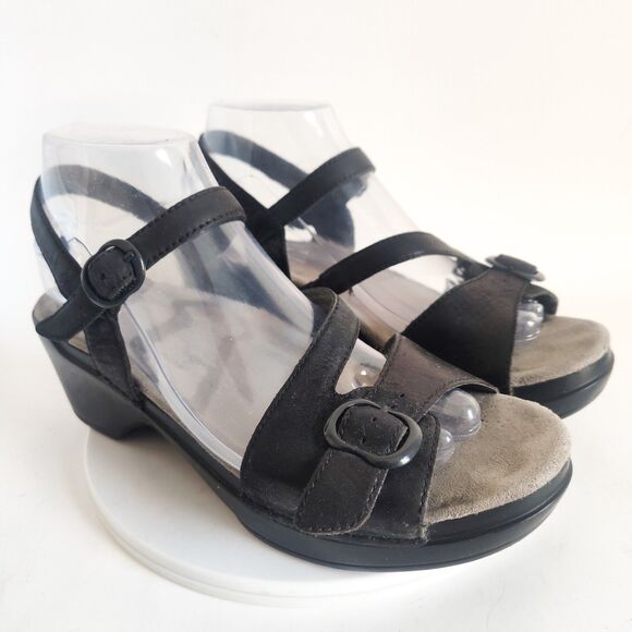 Dansko Sandals Womens Size 39 9 Metallic Black Leather Strappy Open Toe Clogs - Picture 1 of 11